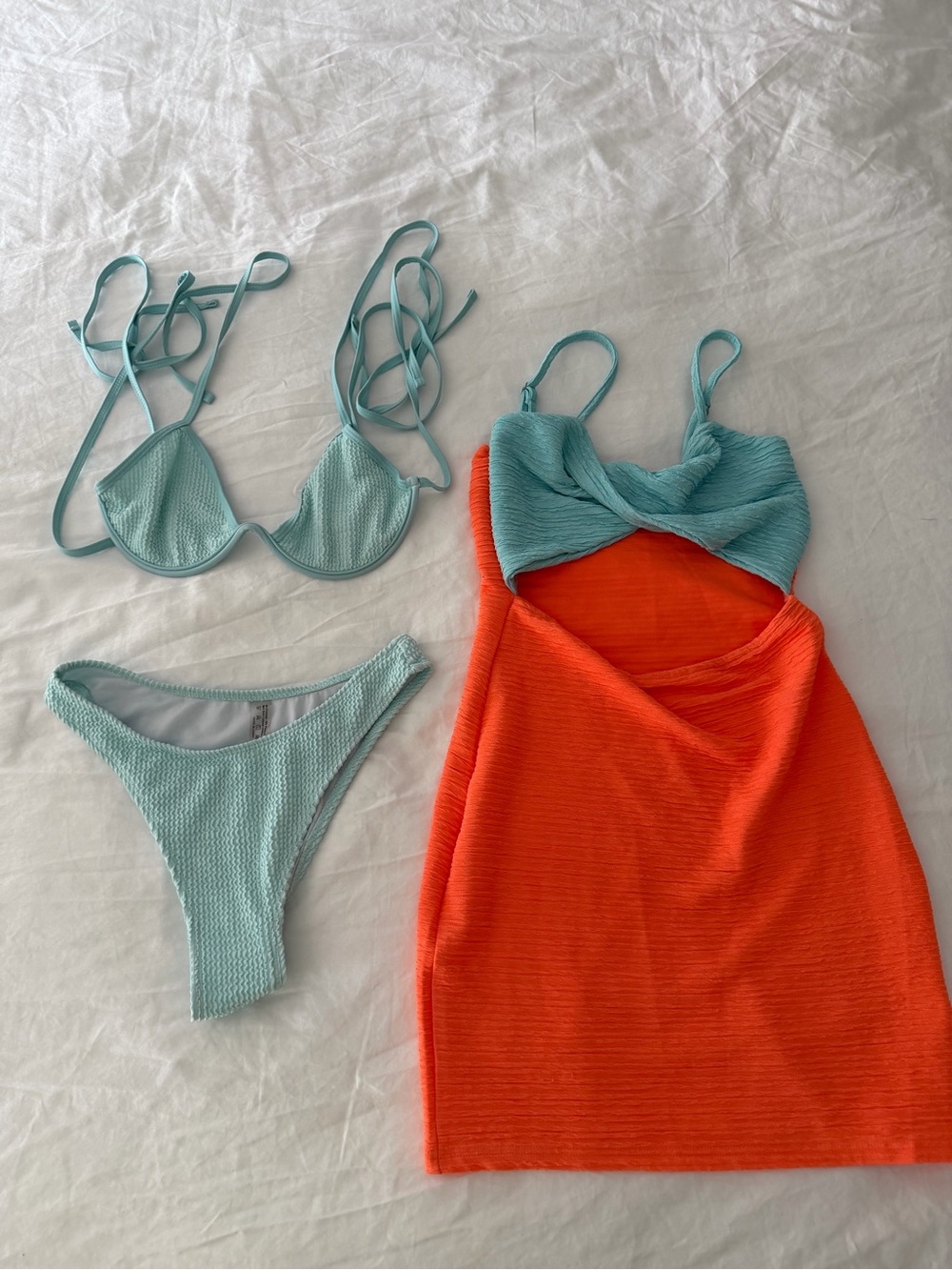 SHEIN Aqua Two-Piece Bikini with Orange Twist Cover Dress